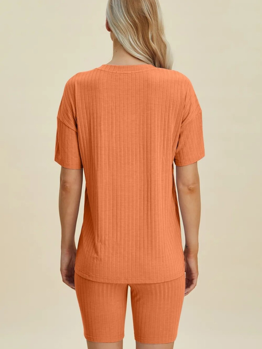 🌸Basic Bae Orange Ribbed V Neck Short Sleeve Top and Shorts Set - Picture 2 of 2